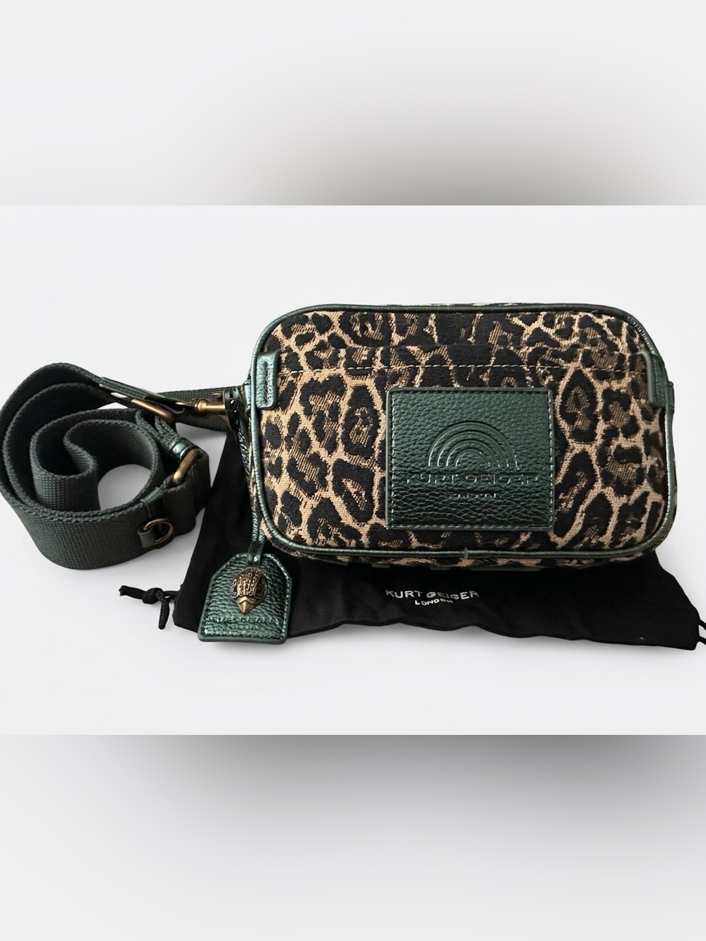 NWOT Kurt Geiger London Green & Leopard Print Jacquard Camera Crossbody Dust Bag